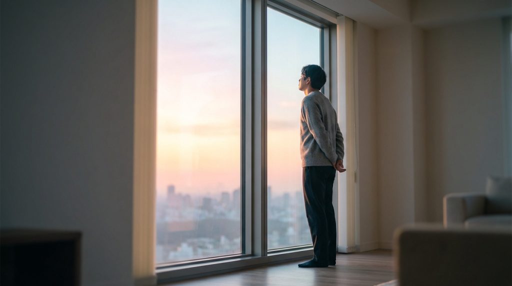 Homme, de dos, debout devant une grande fenêtre. Il regarde un coucher de soleil sur une ville, les mains jointes derrière le dos.
