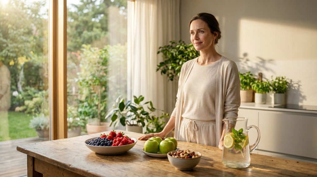 Une femme souriante près d'une table en bois avec fruits frais (baies, pommes), noix et eau citronnée. Un jardin verdoyant en arrière-plan.