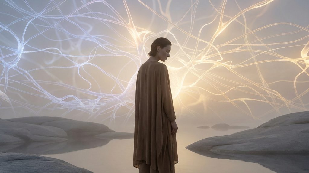 Une femme pensive en robe longue, entourée de structures lumineuses ressemblant à des neurones, au-dessus de l'eau.