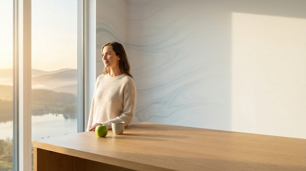 Femme souriante regardant un paysage matinal brumeux par la fenêtre. Une pomme verte et une tasse sur le comptoir en bois.