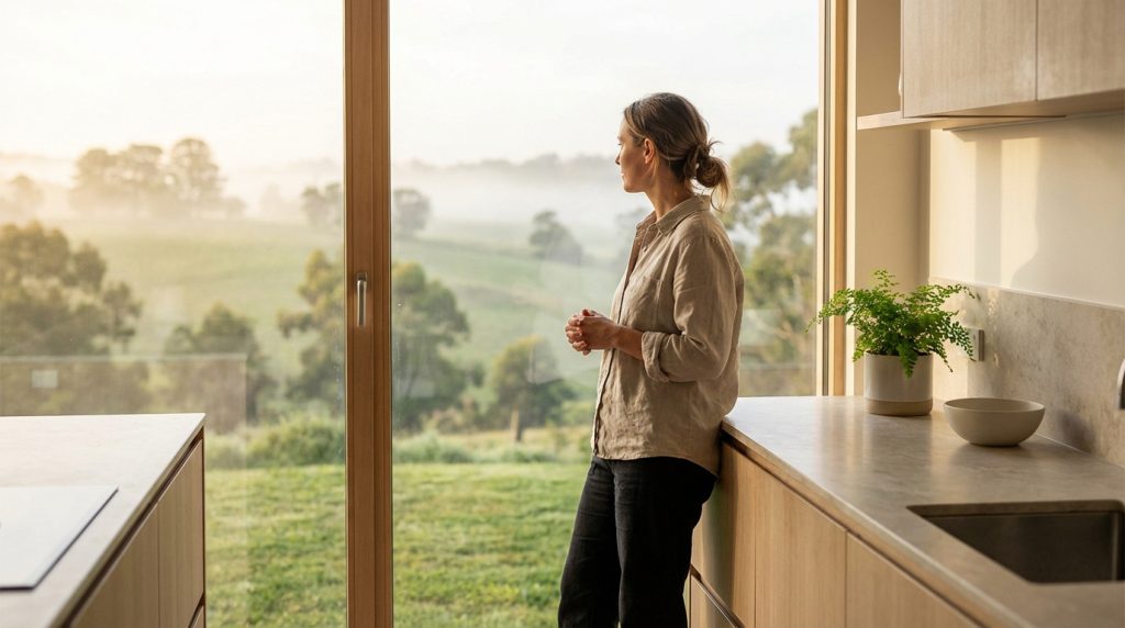 Femme en chemise lin beige, les mains jointes, regardant un paysage brumeux depuis une cuisine moderne. Lumière douce du matin.