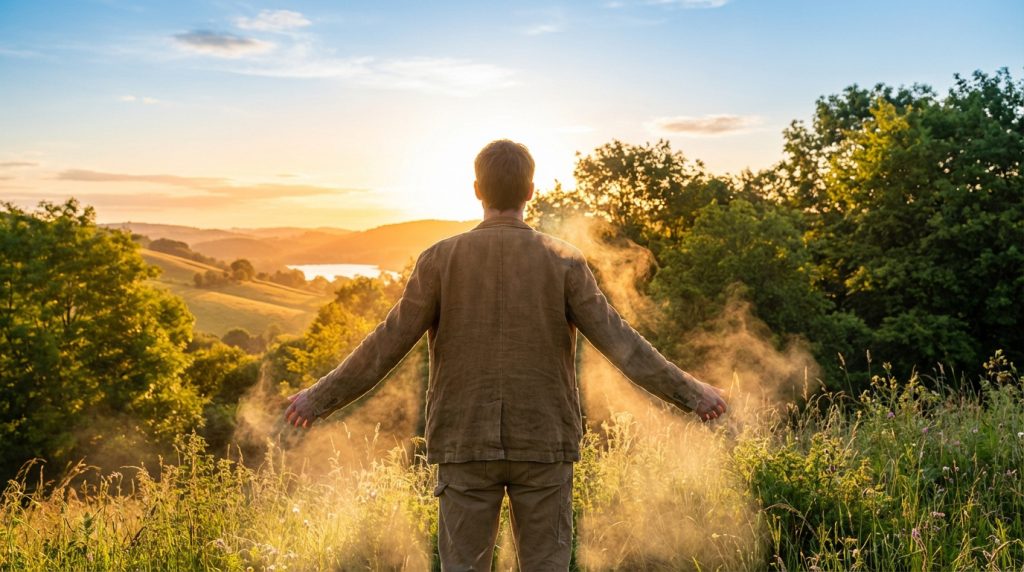 Vue arrière d'un homme les bras écartés, contemplant un coucher de soleil doré sur un paysage vallonné avec brume.