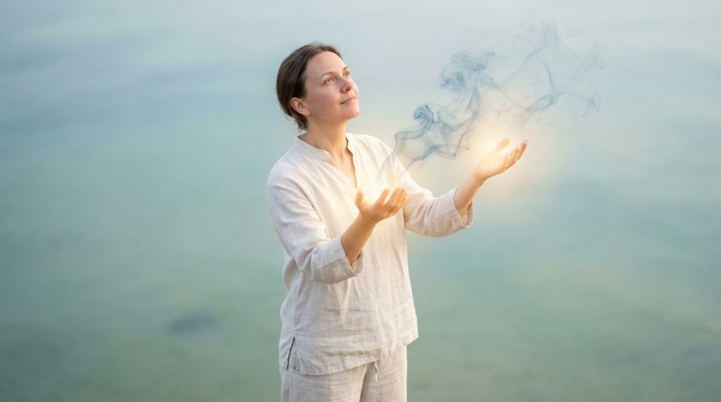 Une femme méditative lève les mains, d'où émane une lumière et de la fumée, évoquant la libération énergétique.