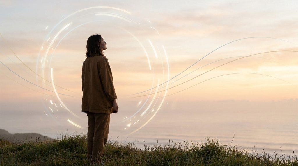 Femme contemplative face à un ciel doux, entourée de formes lumineuses. Évoque la fin d'un cycle, la méditation et le renouveau.