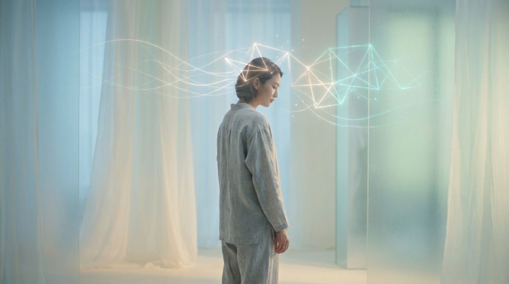 Personne en méditation ou réflexion profonde, des lignes lumineuses entourent sa tête, évoquant la reprogrammation mentale et l'inconscient.